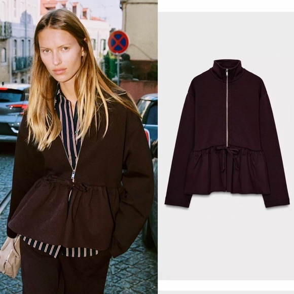 Zara Jackets & Blazers - Zara NWT plum burgundy zipper drawstring tie waist peplum bomber jacket